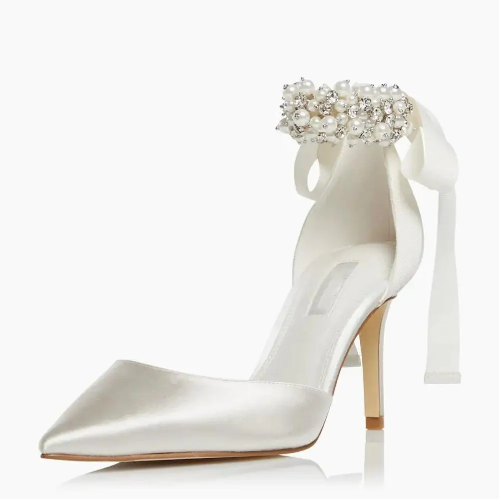 Full Custom Ladies Bridal Shoes Elegant White Satin Stiletto Heels Ankle Strap Pumps PU Custom Wedding Logo Summer Weddings