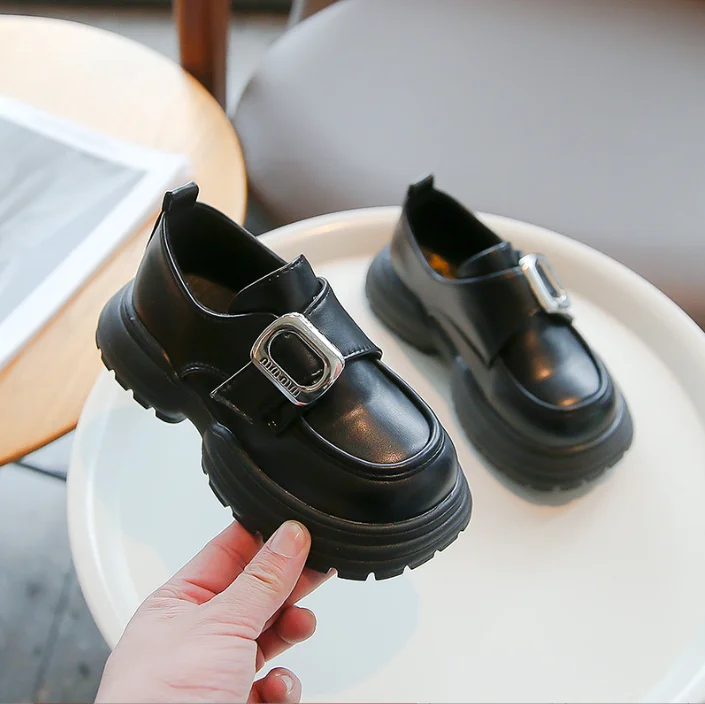 British Style Fashion Teenagers Girl Shiny & Metal Black Party Shoes Kids Girl Chunky Heel Loafer Shoes