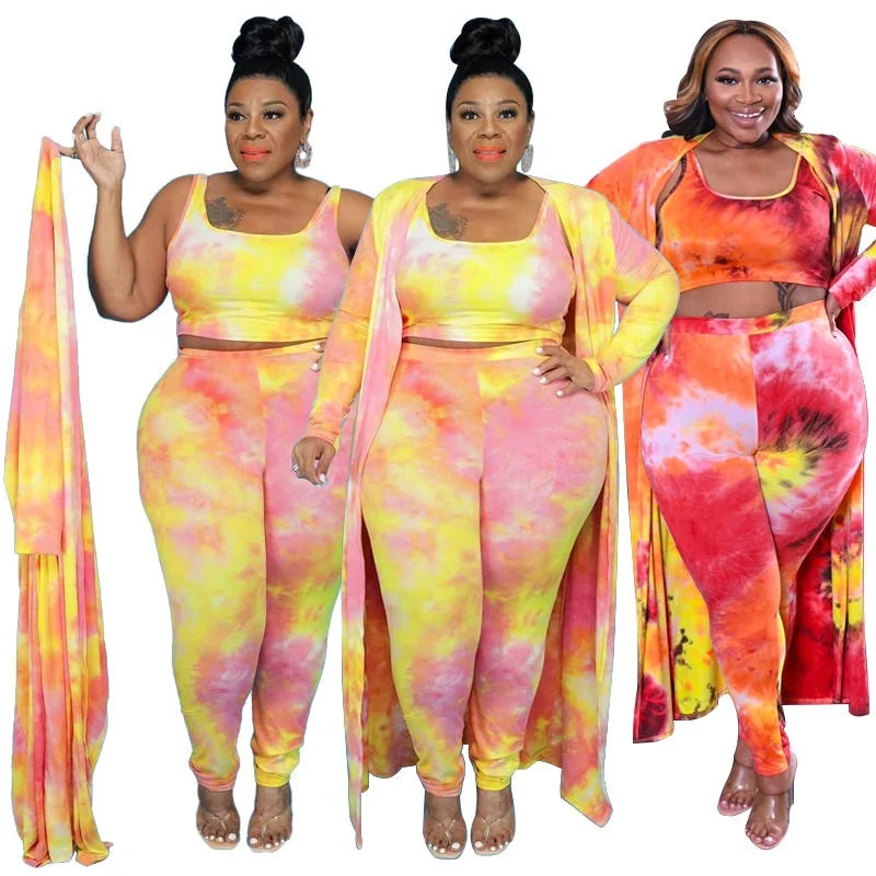 Three piece pants set fall printed trousers cardigan tank top set women plus size long coat tie-dye three piece suit for women