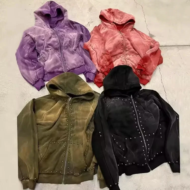 Custom Streetwear Heavy Weight Cotton Hoodies Oversize Rivet Zipper Blank Acid Washed Vintage french terry  Hoodie Men