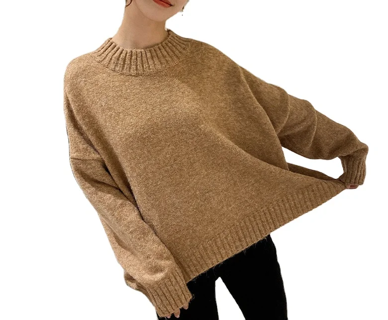 
Luxe home 9079PP Brown Round Neck Cashmere Long Sleeve O-neck Waist Knit Sweater 