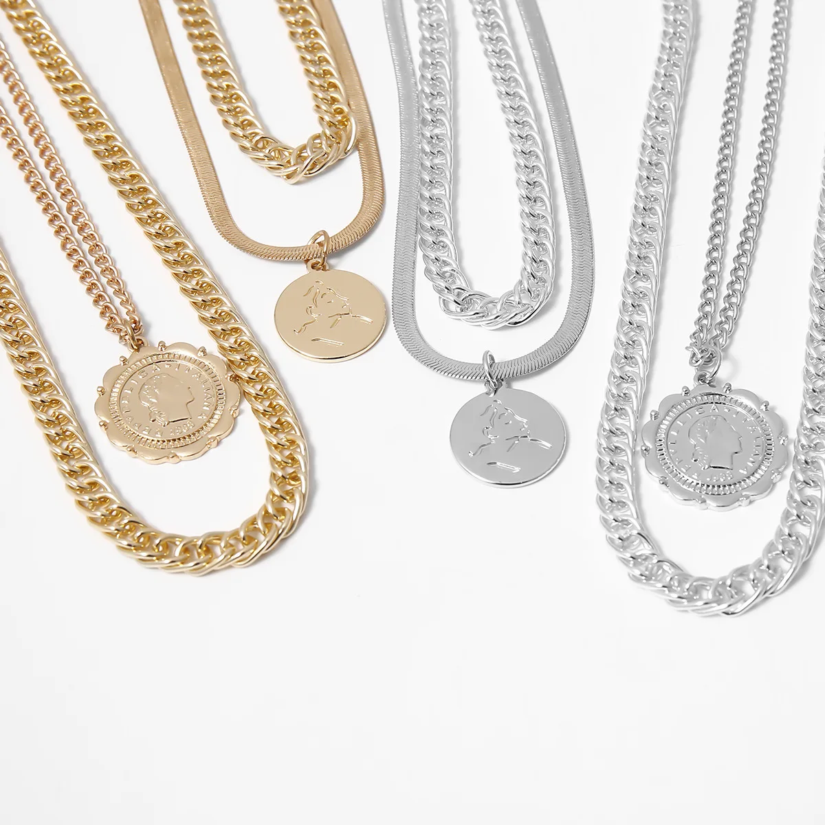 European and American jewelry personality exaggerated hip-hop thick chain multi-layer retro round card lace necklace