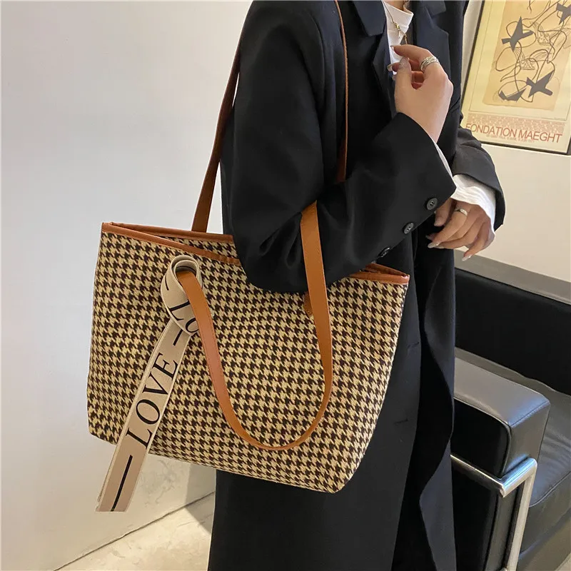 Minimum 1 Pcs Checkered Houndstooth Leopard Large Size Ladies Tote Crossbody Bag