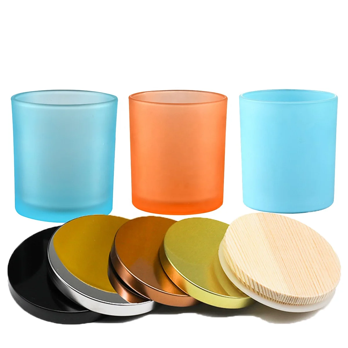 Custom empty smooth and frosted glass candle container candle holder candle jar with bamboo lid and metal lid
