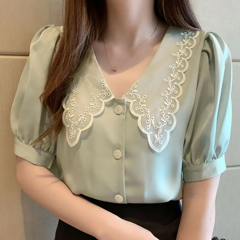 Summer Women Blouse Lace Doll Collar Chiffon  2022 Korea Blouse Women Tops