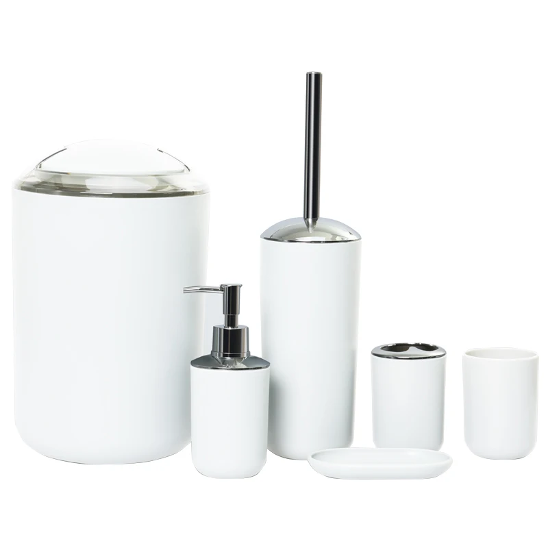Wholesale PP Bathroom Vanity Counter-top Accessories Set White 6 Piece Plastic Bathroom Accessories Set