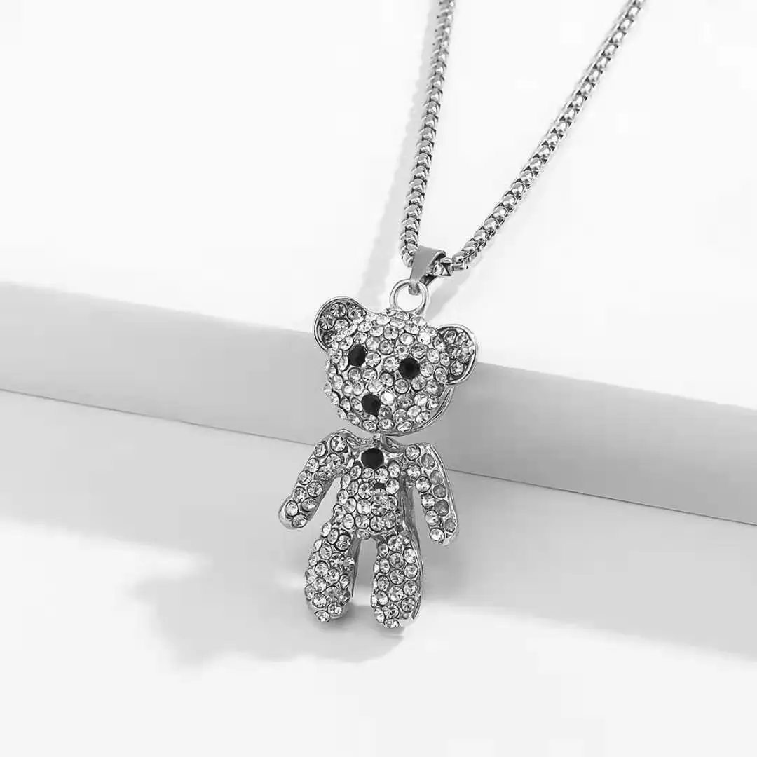 Fashion Luxury box chain stainless steel pendant women bear rhinestone necklace