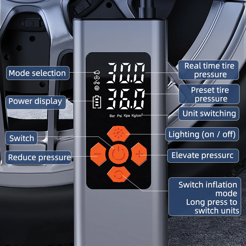 Car tire pump with digital pressure gauge cordless tire inflator tire inflators portable air compressor
