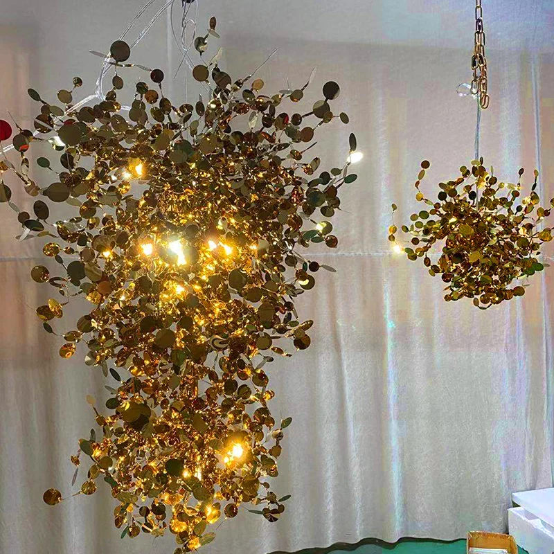 Hotel lobby luxury metal stainless steel gold ceiling pendant light fixture custom made indoor lighting art deco chandeliers
