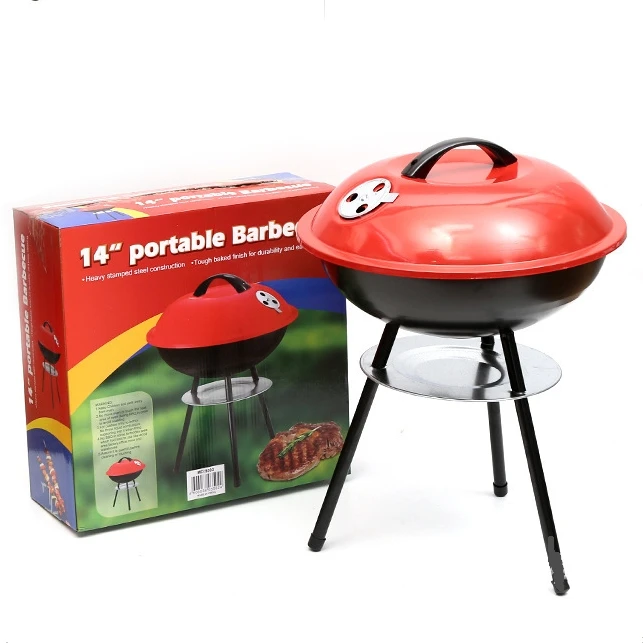 14 inch Portable Barbecue Grill with 3 Point Locking Lid for Heat Preservation Small Charcoal Grill for Backyard and Camping