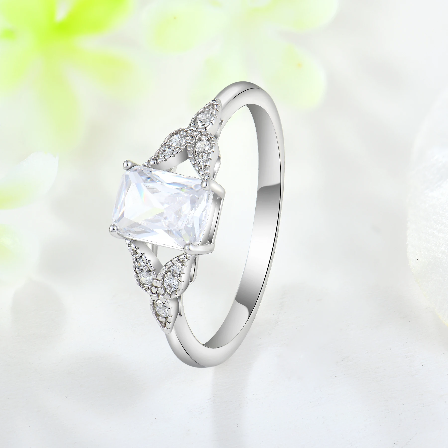 Wholesale white gold jewelry dainty ring lab diamond emerald cut cz 18k 14k 9k solid gold ring for women wedding brands