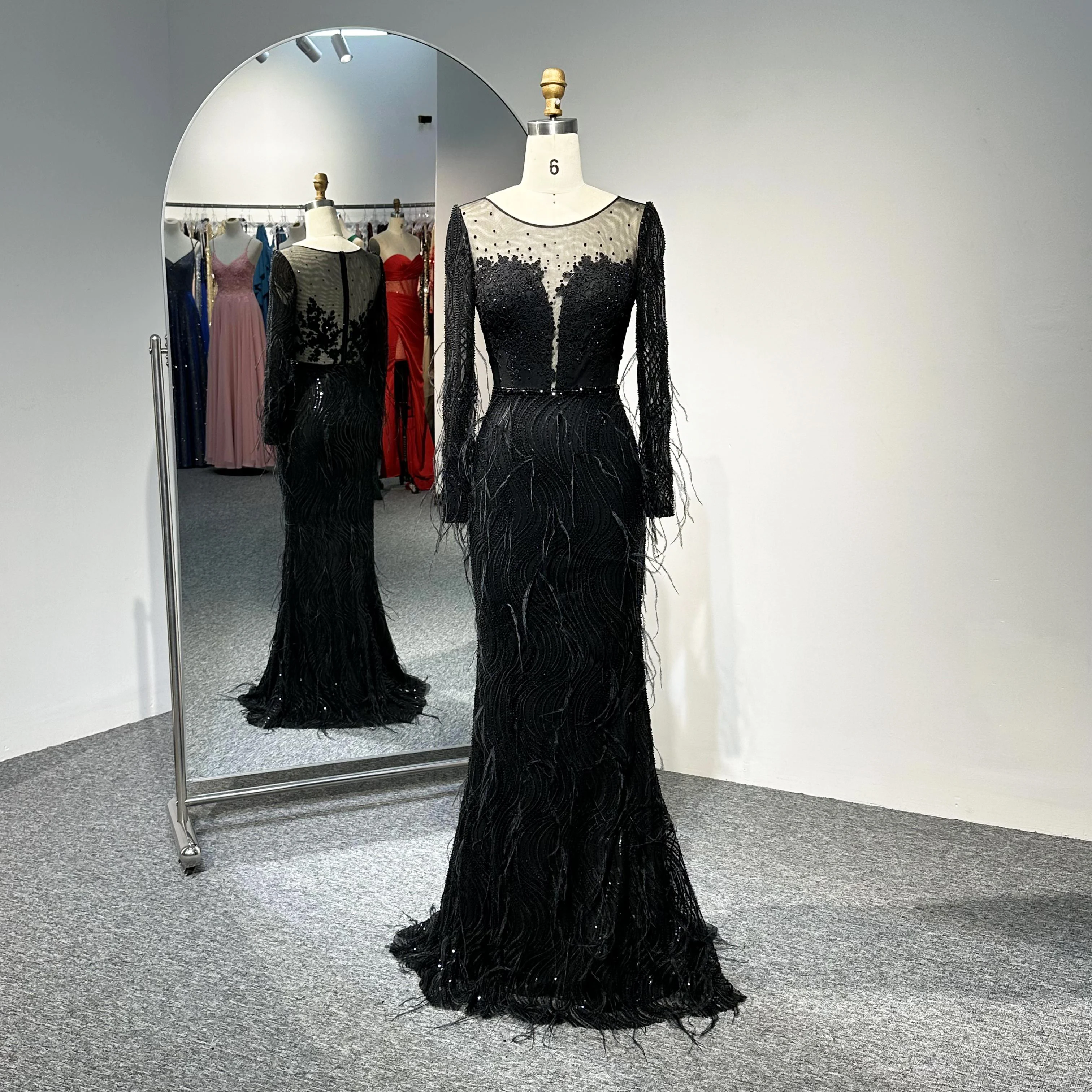 Black Lace Feather Beaded Embroidery See Through Deep V Long Sleeve Dress Formal Prom Dinner Evening Gowns