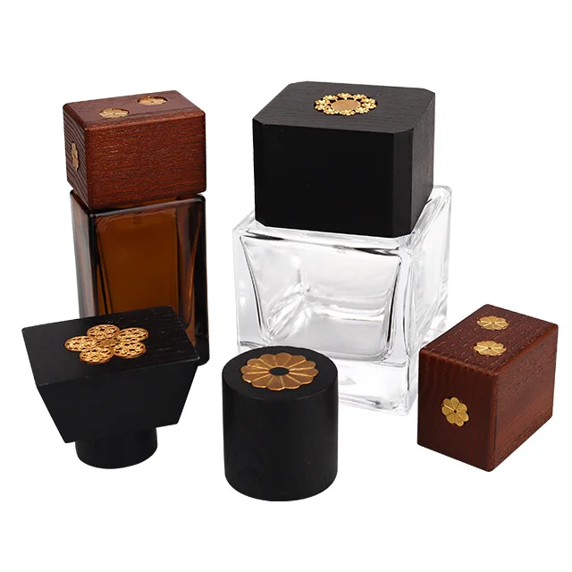 Factory Custom Direct Best Quality Laser Logo Round Square Cube Ball Shaped Wood Perfume Bottle Cap