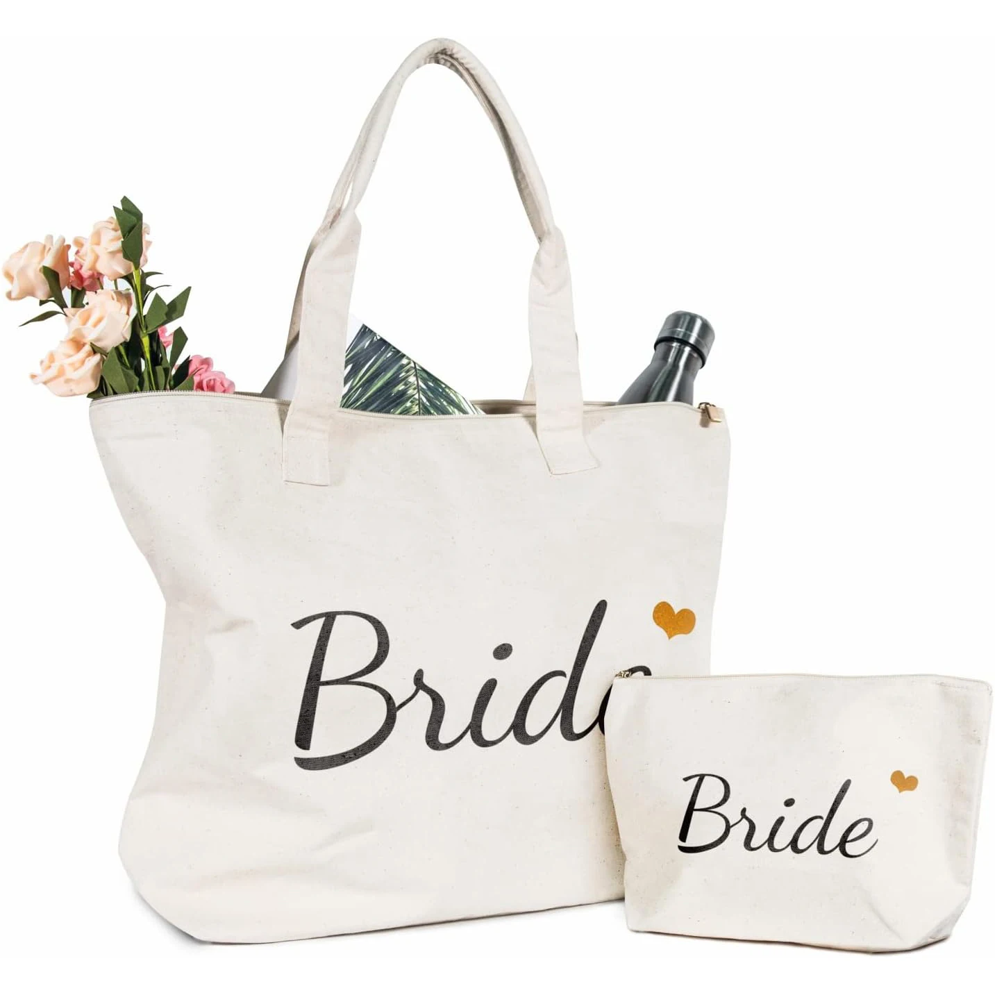 Bride Tote Bag with Makeup Bag Gifts for Engagement Bridal Shower Bachelorette Wedding Party Canvas White Bag