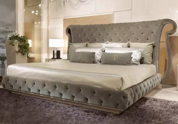 Furnistyle Queen Kind Size Bedroom Furniture Italian Latest Design Luxury Bed Double Tufted Headboard Leather Upholstered Bed