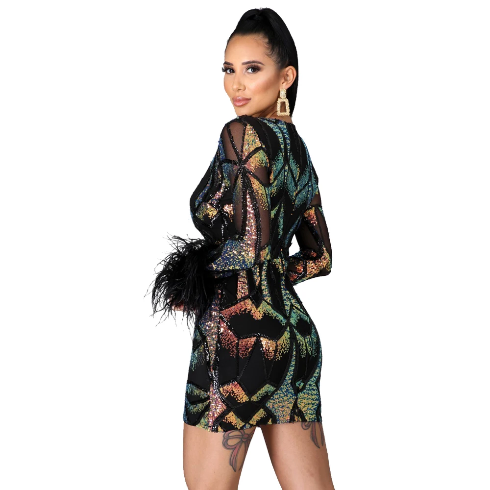  2021 Women Sexy Long Sleeve See Through Fur Crystal Sequined Mesh Dress for Club Party