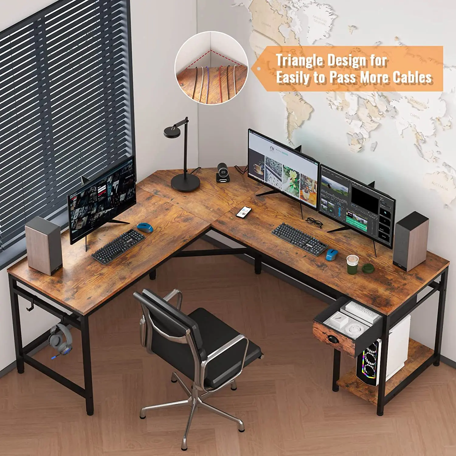 Wood Home Office Corner L Shape Metal Desktop Computer Desk with Bookshelf