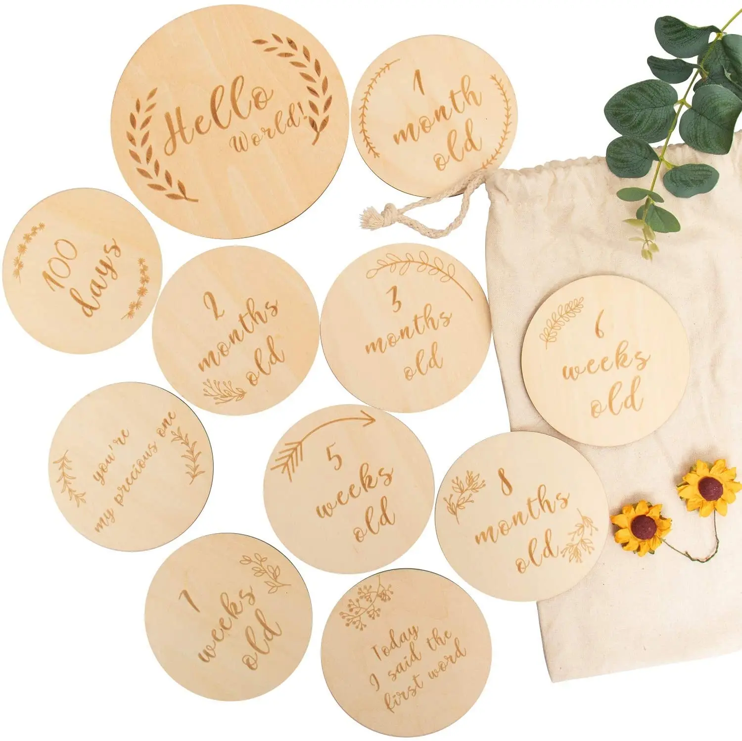 4 Inch Baby Monthly Milestone Wooden Discs 13 Double Sided Cards Newborn Photo Props Welcome Announcement Birth Gift Age Blocks