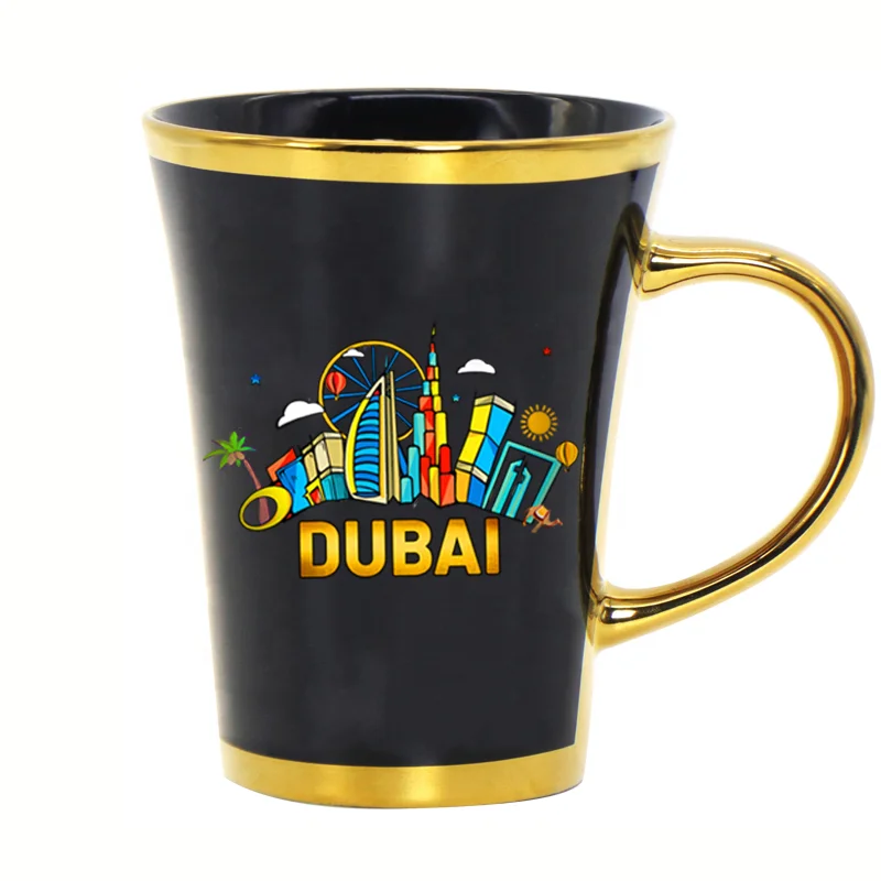 Dubai Stoneware Design Gold Handle Mug Attractive Dubai Souvenir Gift Elegant Stoneware Coffee Cup