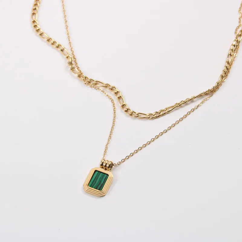 N014 Waterproof Vintage Street Neck Collar Women Layering Geometric Green Stone Pendant with Adjustable Figaro Chain Necklace
