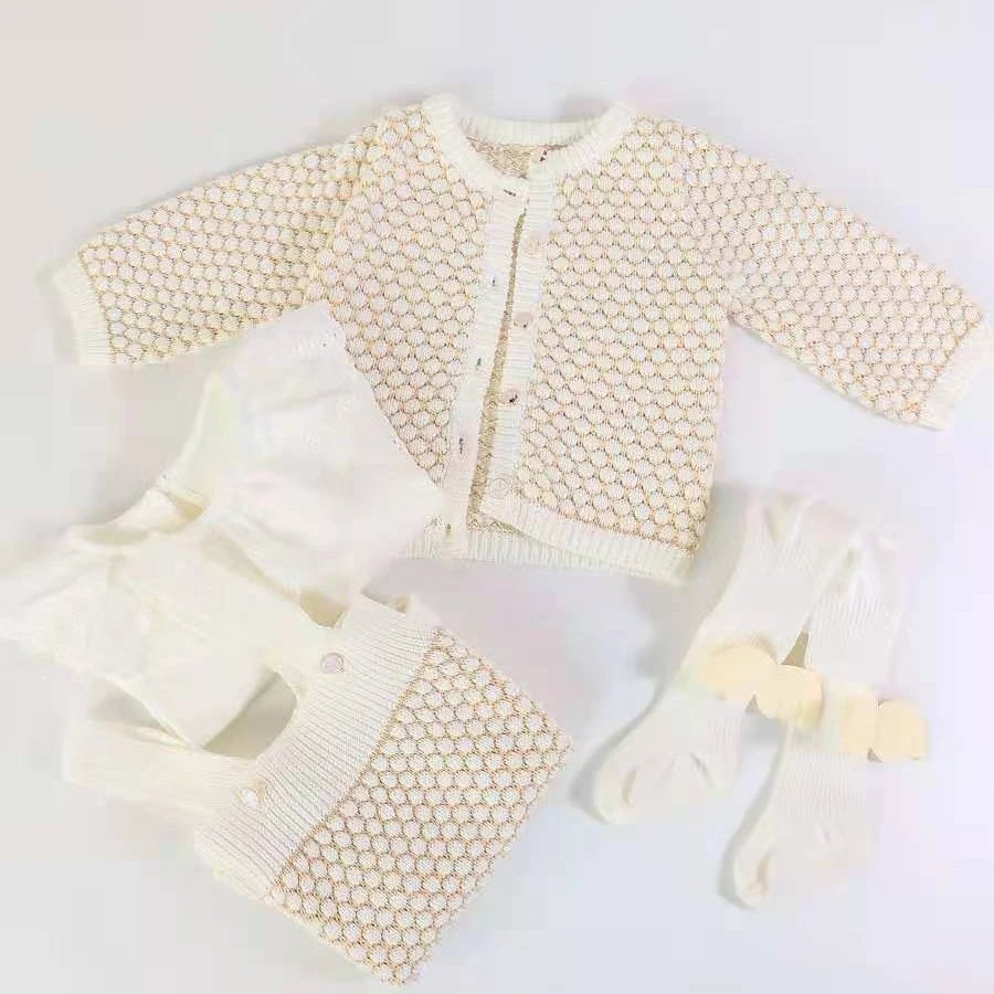 
Wholesale Newborn Baby Girl Knit Cotton Suit Cute Long Sleeve Cardigan Sweater And Romper Pants Baby Outfits 