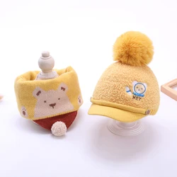 2021 New Design Cute Cartoon Kids Warm Plush Pompom Warm Baseball Cap Set