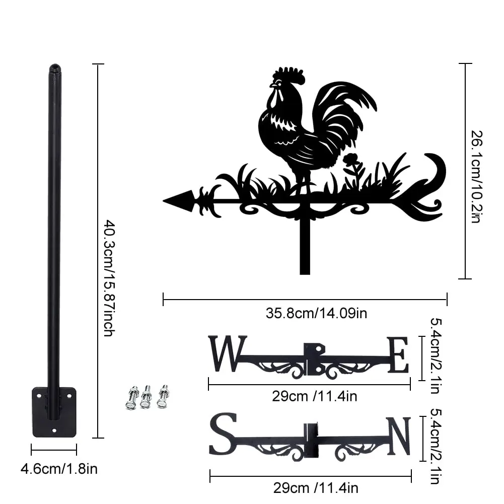 Rooster Weathervane Chicken Wrought Iron Wind Vane Roof Garden Direction Sign Outdoor Farmhouse Decoration  Measuring Tool