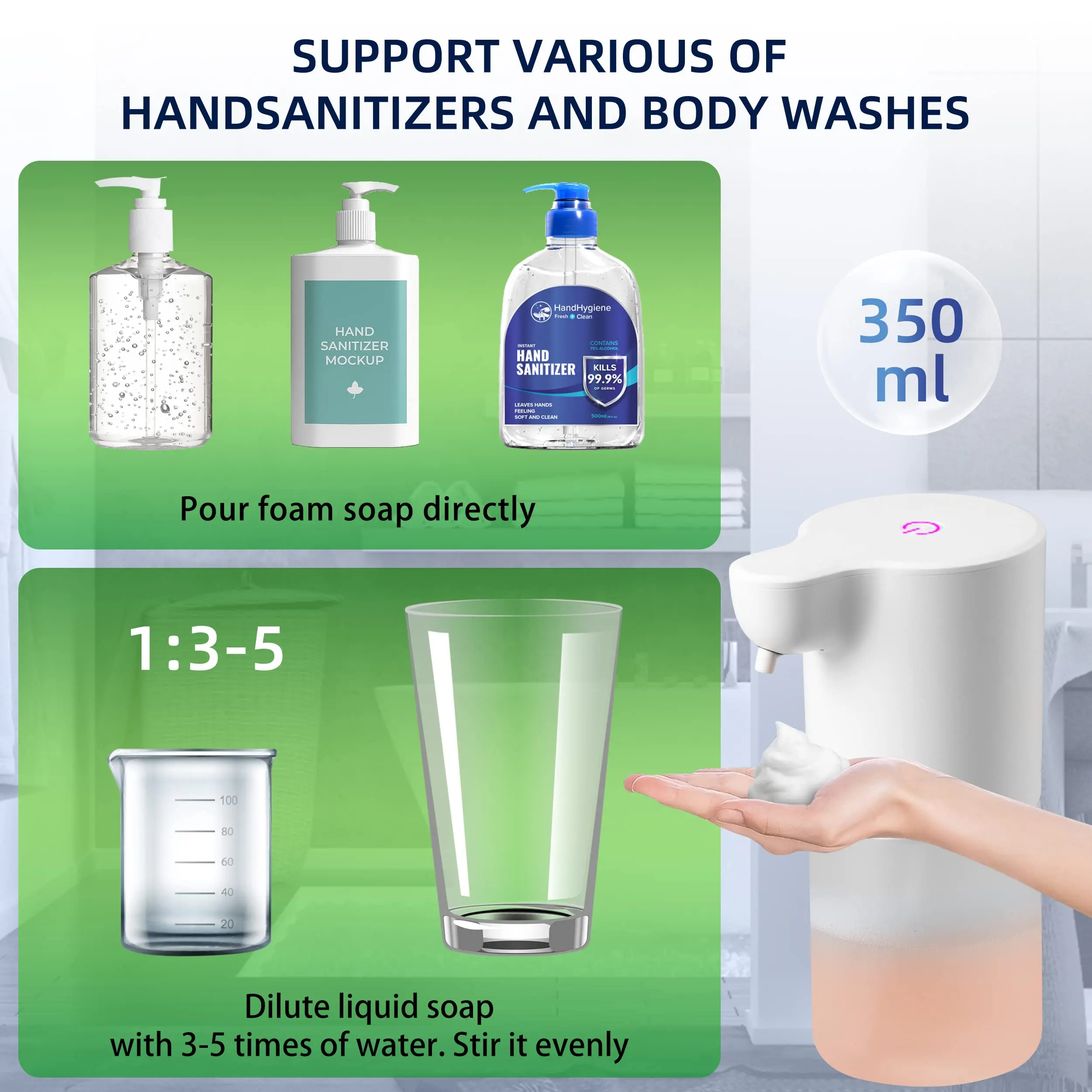 350ml/12.3oz4-Level Adjustable Volume Control Soap Dispenser Rechargeable Electric Auto Infrared Sensor Hand Soap Dispenser