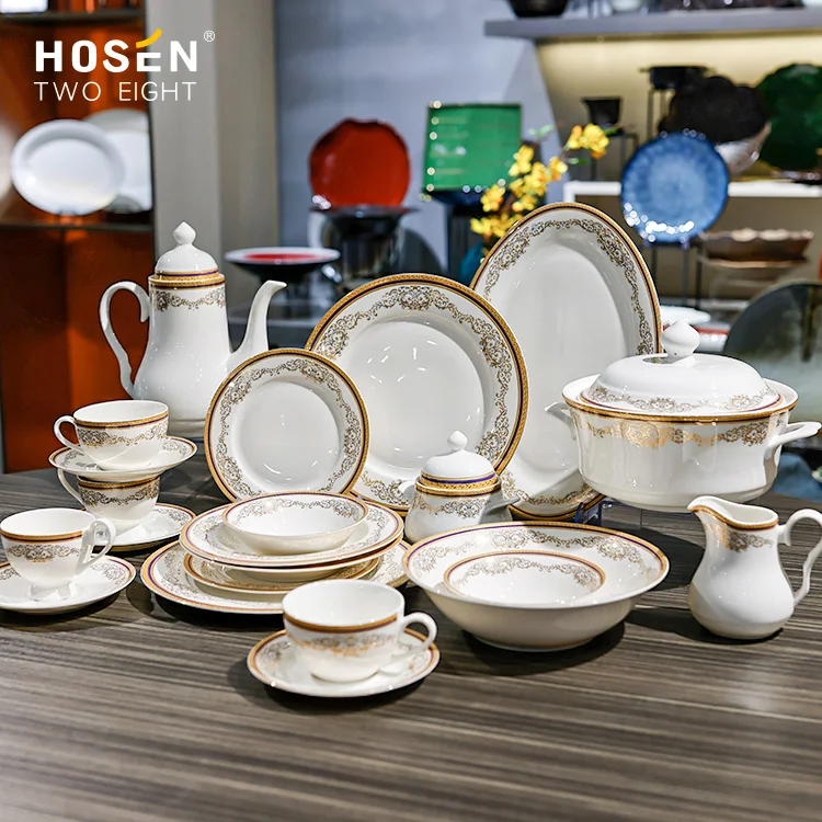 52Pcs Bone China Dinnerware Sets Arabic,Marble Design Ceramic Dinnerware Set,Dinner Plate Bone Chinaour Leaf Clover Gold Plated