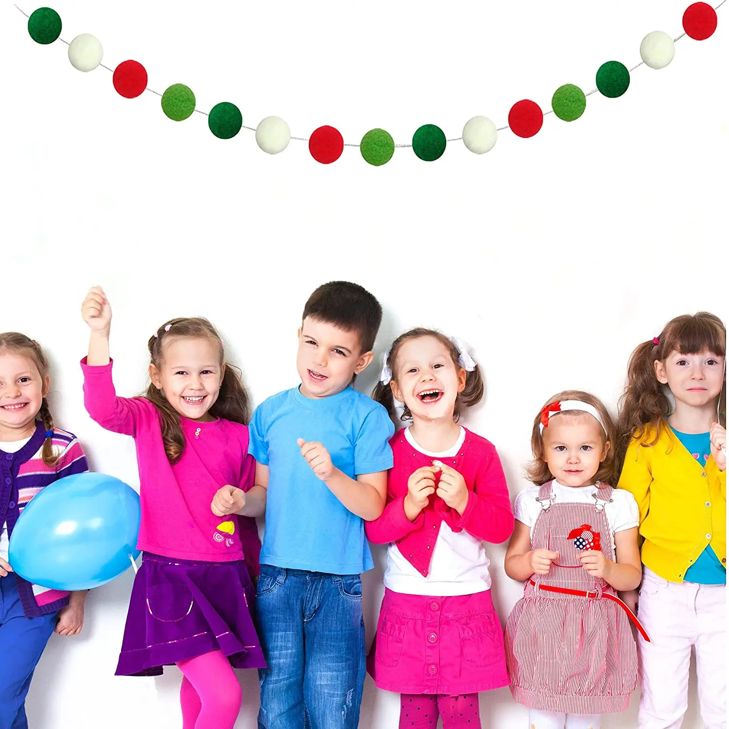 Handmade wool felt garland  white red green DIY pompom Christmas wreath tree and fireplace banner holiday decorations crafts