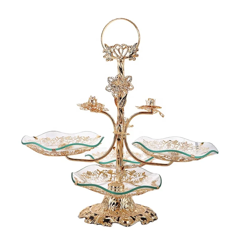 Home Decorative Golden Plated Metal iron and glass Serving Candy Dry Fruit Snack Deco Rotating Storage Trays 4 Bays