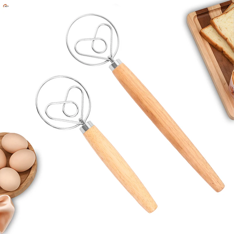 XL Baking Tools Cake and Pastry Wooden Handle  Stainless Steel Bread Danish Dough Whisk Blender Dutch Bread Mixer