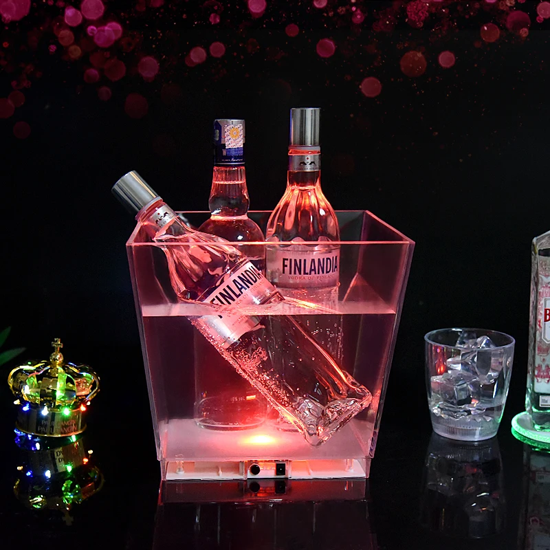 Promotional square shape logo color customized clear rechargeable 10L beer vodka LED  ice bucket Bar Wine Bottle cooler