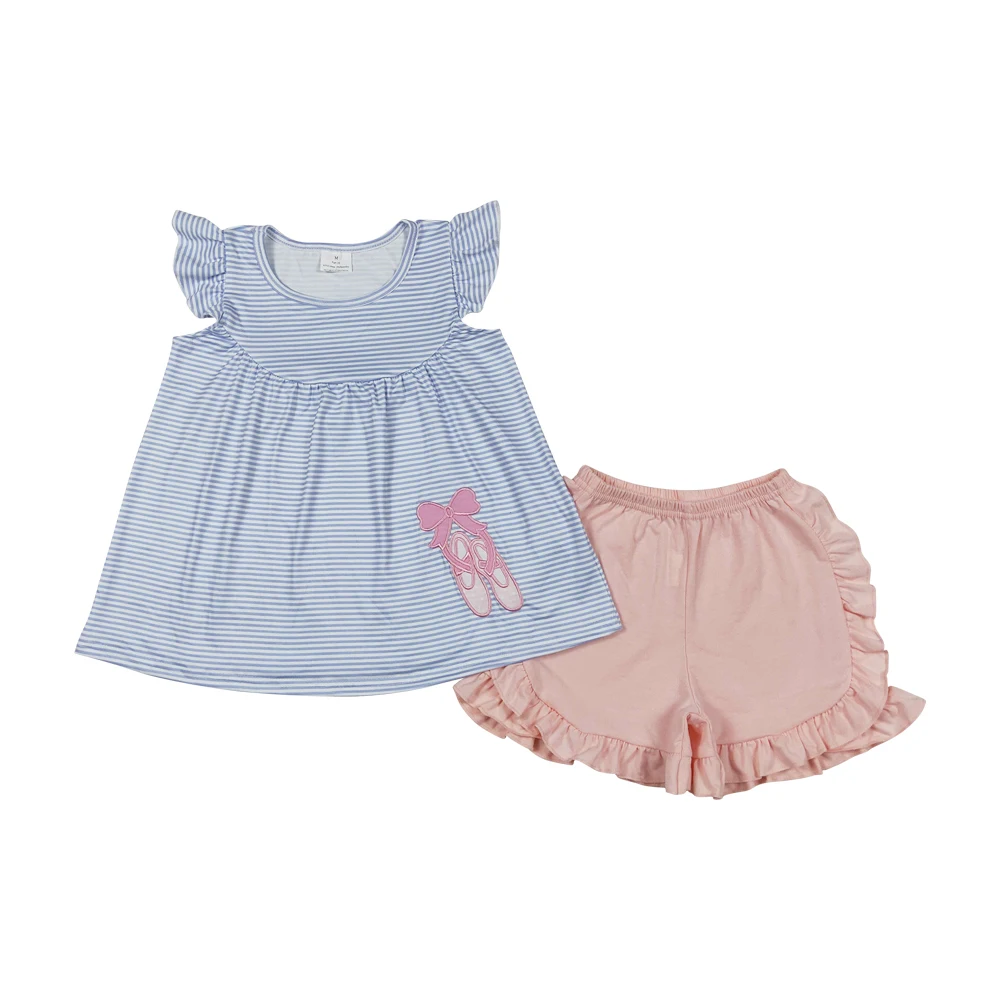 Summer Baby Boys Wholesale High Quality Clothing  Embroidery Cute Dog Blue Striped Short Sleeve T-shirt Top Shorts Outfit