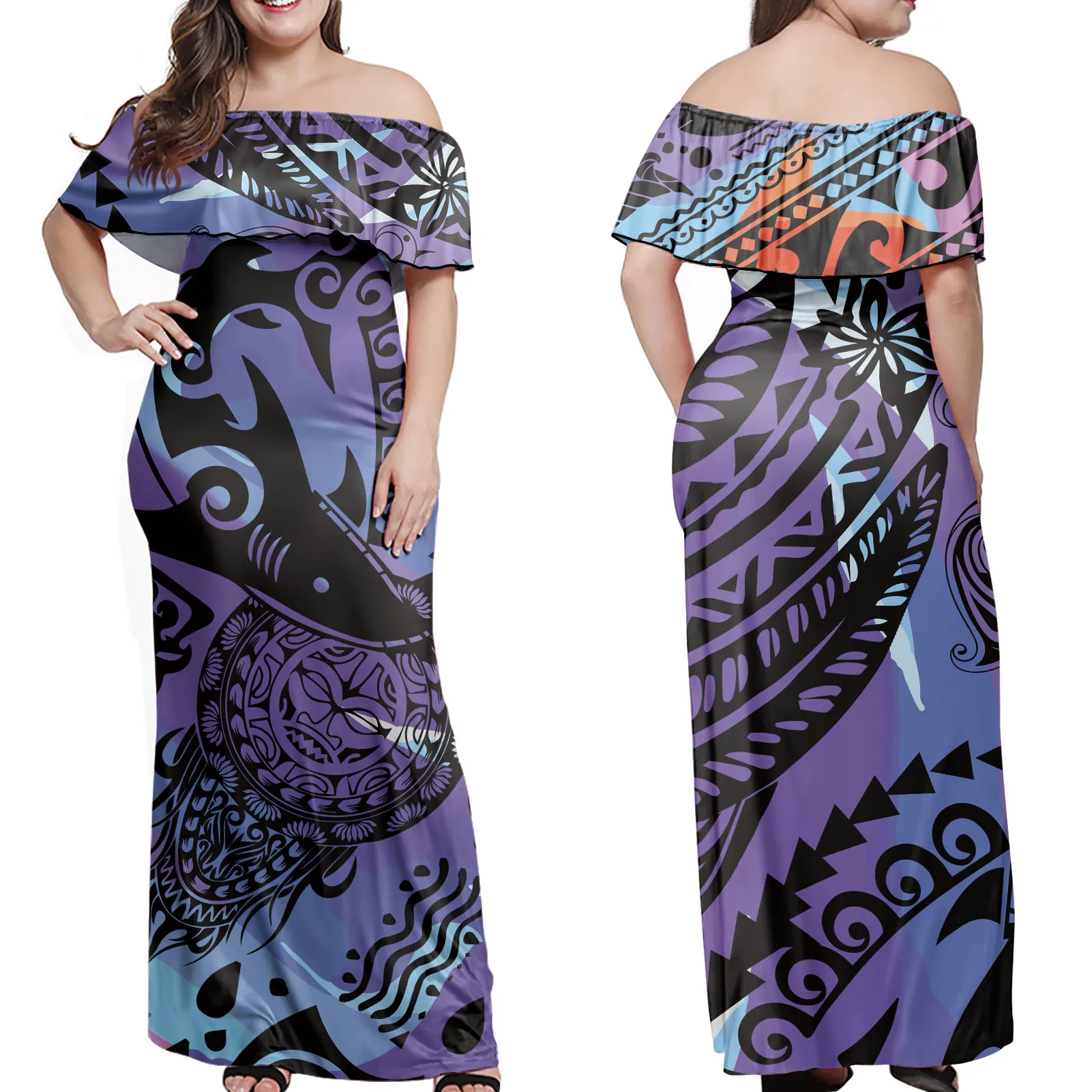 Wholesale Purple Polynesian Dresses 3D Custom Tribal Plumeria Flower Off Shoulder Dress lady Sexy Logo Print Women Elegant Dress