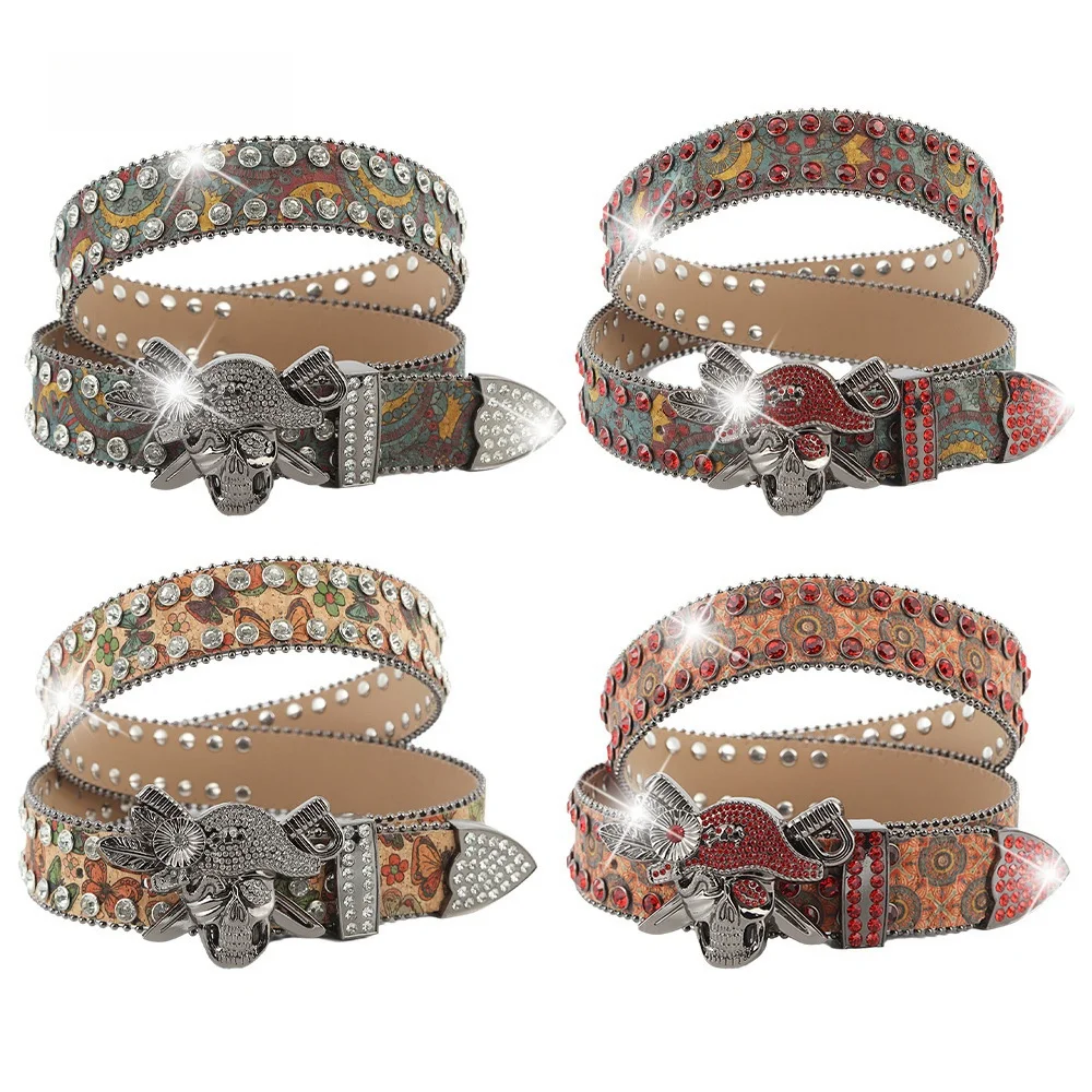 Wholesale Punk Style Skull Buckle Sparkly Rhinestone Bling Bling Cowgirl Belt Big Size BB Simon Diamond Studded Belt