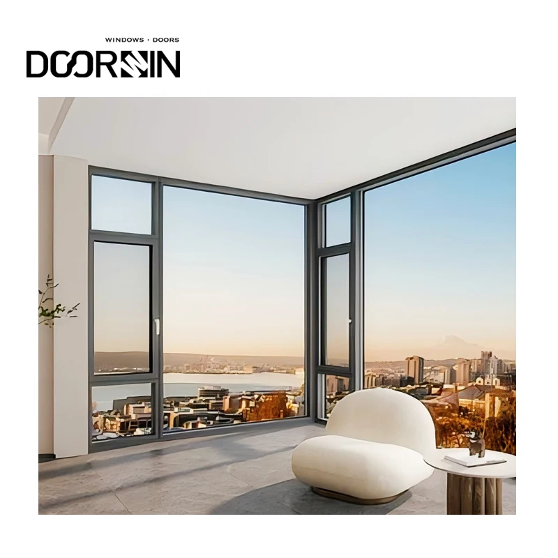 Minimalism Aluminum Windows Double Glass Energy Efficient Tilt And Turn Panoramic Extra Slim Frame Tempered Glass Windows