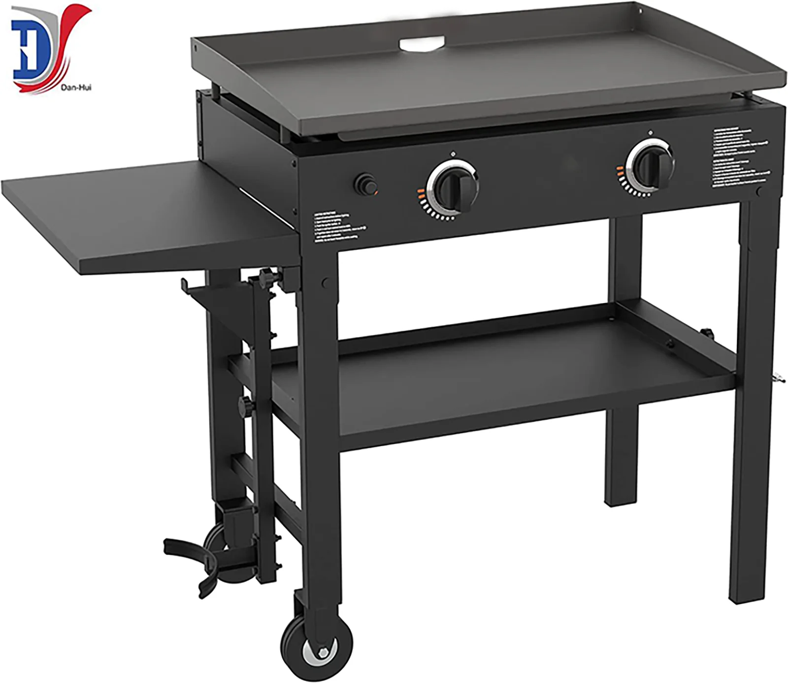 Factory direct selling outdoor handcart square with roller gas baking tray 2 burners with 1 side shelf