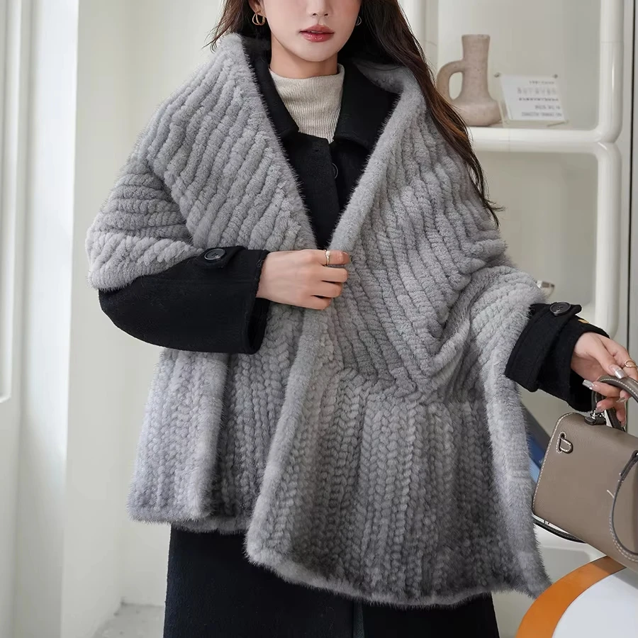 Lady Natural Real Mink Fur Knitted Shawl Knitting Wrap Luxurious Winter Fashion shawls for women
