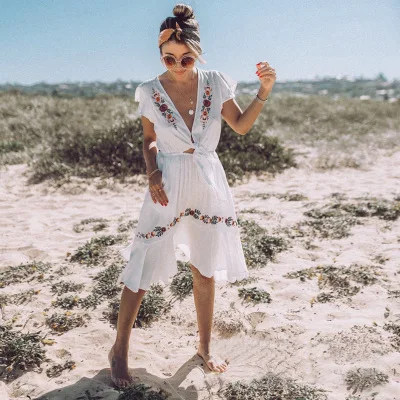 
Flower embroidered knee length summer women clothes ruffled cap sleeves casual ladies short boho dress 