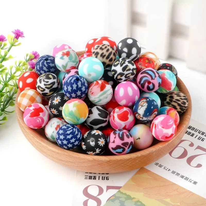 Wholesale 15mm Custom Printed Bead Necklace Lanyard Printed Silicone Beads Toothgel Chewy Bulk Beads for DIY Baby Teething Toys