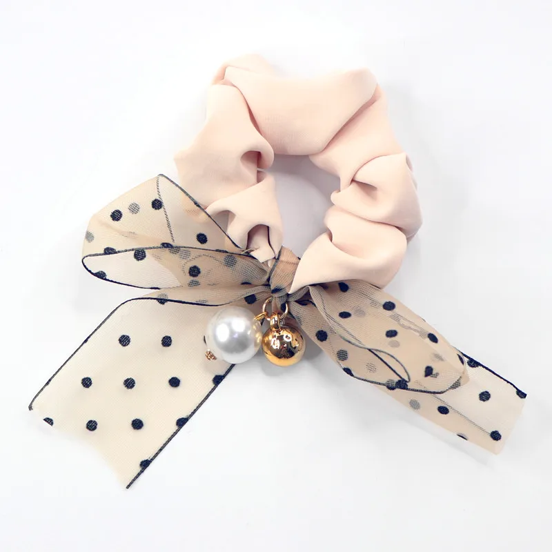 Japanese Korean Lace Bow Pearl Hair Ties Holiday Fairy Ribbon Fabric Knot Hair Scrunchies For Girls Wholesale