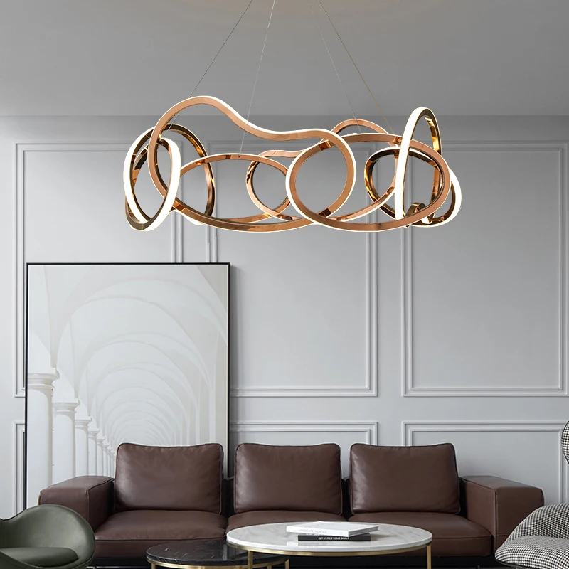 HITECDAD luxury stainless steel round chandelier irregular hollow circle chandelier simple personality inside and outside  light