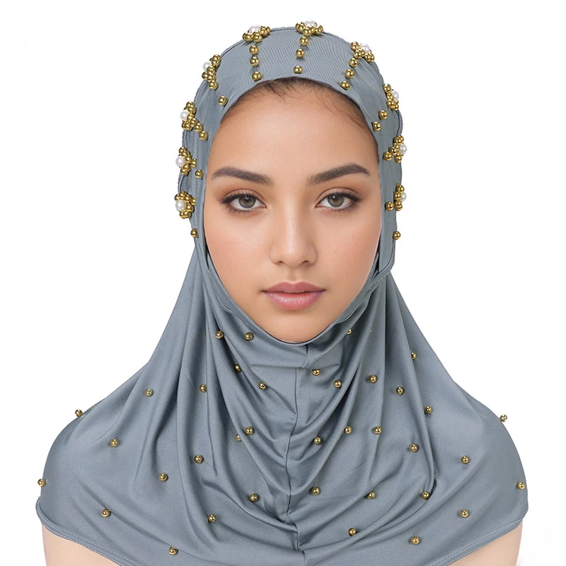 yiwu market new products Islam women abaya wear head cover scarf plain color pearl design women hijab