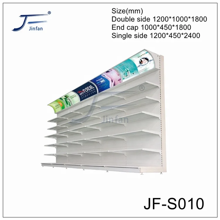 Supermarket steel and wood structure cosmetics and skin care products glass display shelf