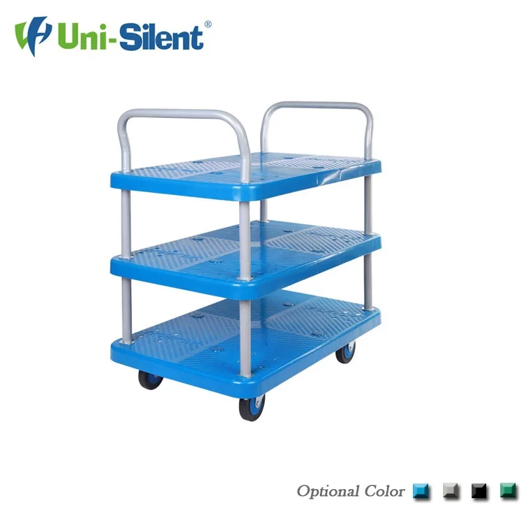 Uni-Silent 200kgs Plastic Hand Pull Cart 3 Tiers Tool Platform Trolley with Handles PLA200T-T3-D