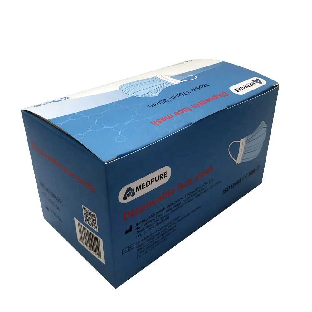 50 шт в наборе, готово к отправке 3ply одноразовые маски синий цвет бумажная коробка для хранения
