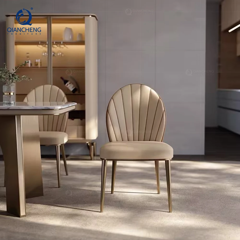 Mid century brown real leather dining chair wholesale modern restaurant furniture set cafe chrome iron leg dining chair