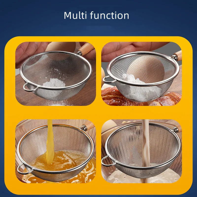 Latest Hot Selling Stainless Steel Oil Strainer With Multi Function Juice Flour Strainer Mesh Sieve with Wood Handle