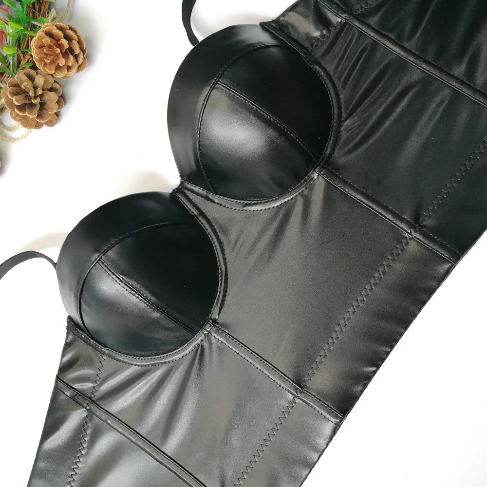 Corset de mujer tops Nanchang High Quality PU Leather Sheepskin Breastwear halter vest bra free beauty gather fishbone